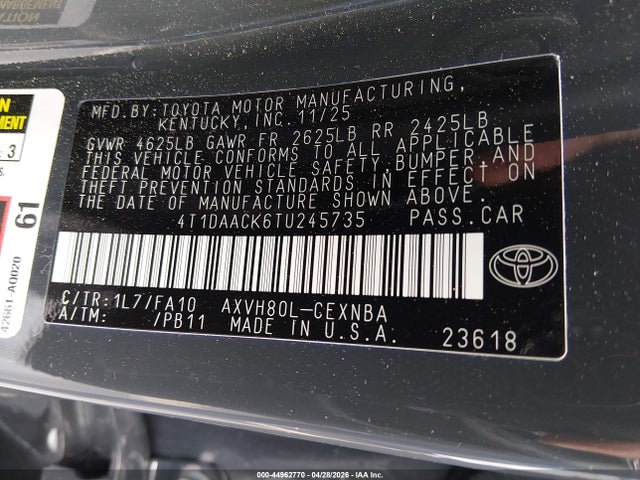 Продаж на аукціоні авто 2026 Toyota Camry Le, vin: 4T1DAACK6TU245735, номер лоту: 44962770