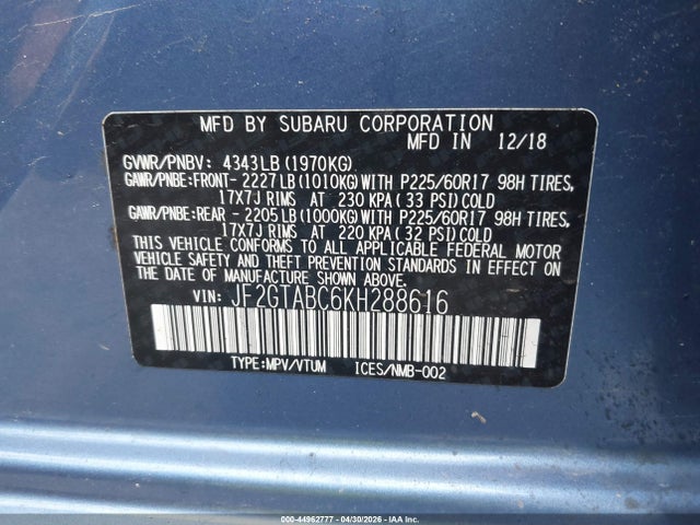 Aukcja sprzedaży 2019 Subaru Crosstrek 2.0i, vin: JF2GTABC6KH288616, numer aukcji: 44962777