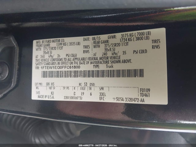 44962779 :رقم المزاد ، 1FTEW1EG0FFC61800 vin ، 2015 Ford F-150 King Ranch مزاد بيع