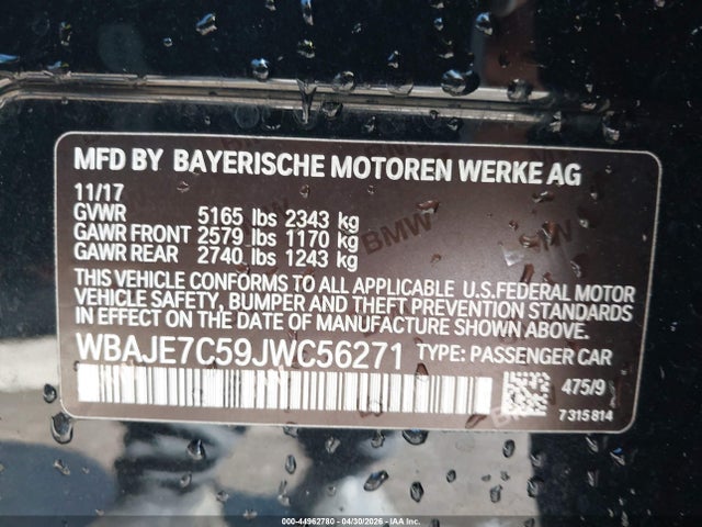 44962780 :رقم المزاد ، WBAJE7C59JWC56271 vin ، 2018 Bmw 540i Xdrive مزاد بيع