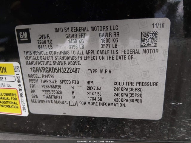 44962787 :رقم المزاد ، 1GNKRGKD5HJ222487 vin ، 2017 Chevrolet Traverse 1lt مزاد بيع