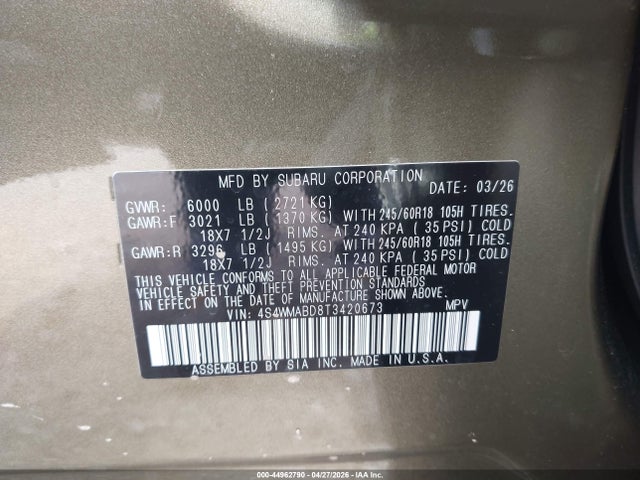 44962790 :رقم المزاد ، 4S4WMABD8T3420673 vin ، 2026 Subaru Ascent Premium 7-passenger مزاد بيع