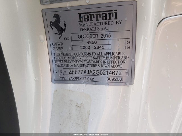 Продажа на аукционе авто 2016 Ferrari California T, vin: ZFF77XJA2G0214672, номер лота: 44962792