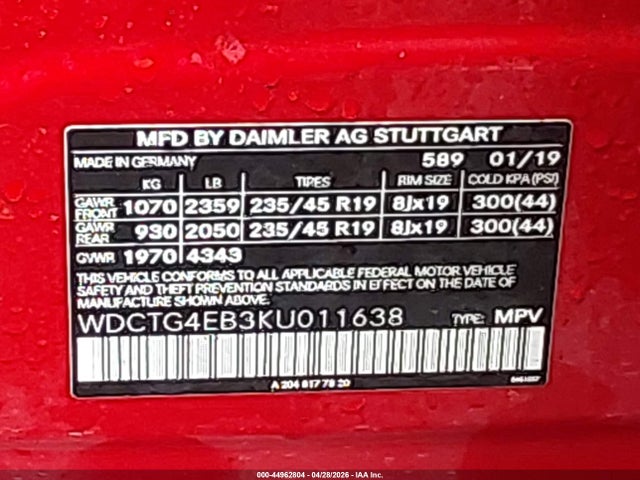 Продажа на аукционе авто 2019 Mercedes-benz Gla 250, vin: WDCTG4EB3KU011638, номер лота: 44962804