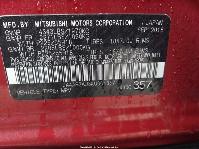 Auction sale of the 2019 Mitsubishi Outlander Sport 2.0 Es, vin: JA4AP3AU3KU004357, lot number: 44962816