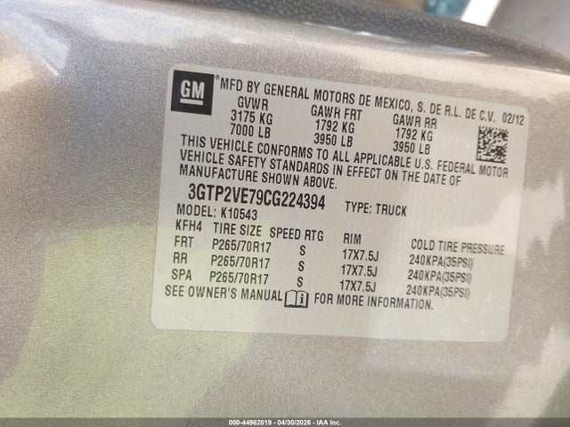 Aukcja sprzedaży 2012 Gmc Sierra 1500 Sle, vin: 3GTP2VE79CG224394, numer aukcji: 44962819