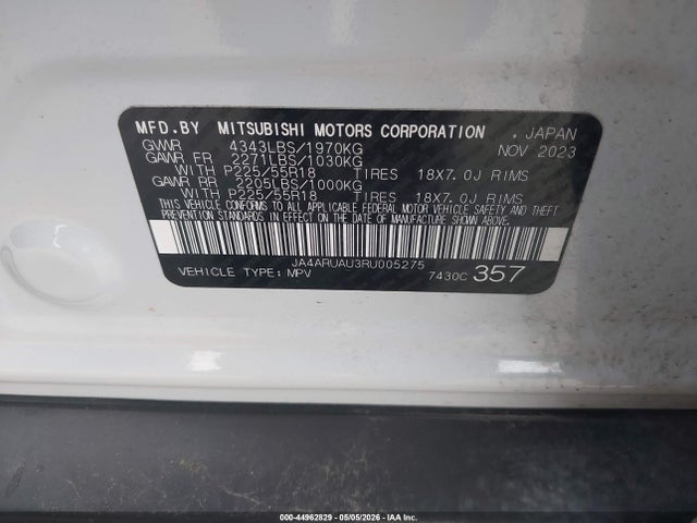 2024 Mitsubishi Outlander Sport მანქანა იყიდება აუქციონზე, vin: JA4ARUAU3RU005275, აუქციონის ნომერი: 44962829