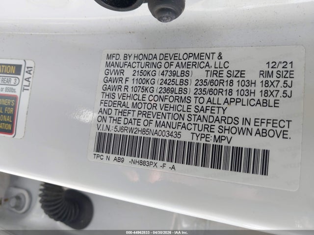 Продаж на аукціоні авто 2022 Honda Cr-v Awd Ex-l, vin: 5J6RW2H85NA003435, номер лоту: 44962833