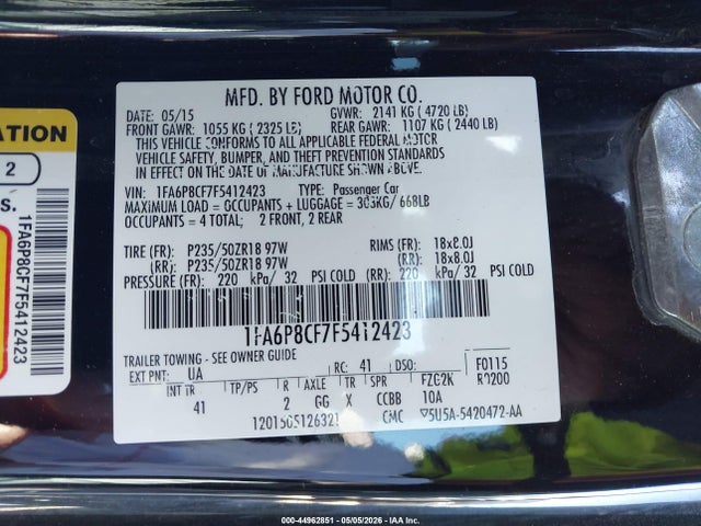 Aukcja sprzedaży 2015 Ford Mustang Gt, vin: 1FA6P8CF7F5412423, numer aukcji: 44962851