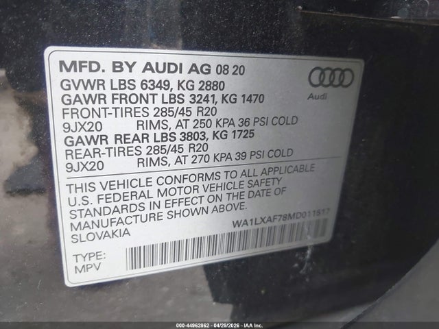 44962862 :رقم المزاد ، WA1LXAF78MD011517 vin ، 2021 Audi Q7 Premium Plus 55 Tfsi Quattro Tiptronic مزاد بيع