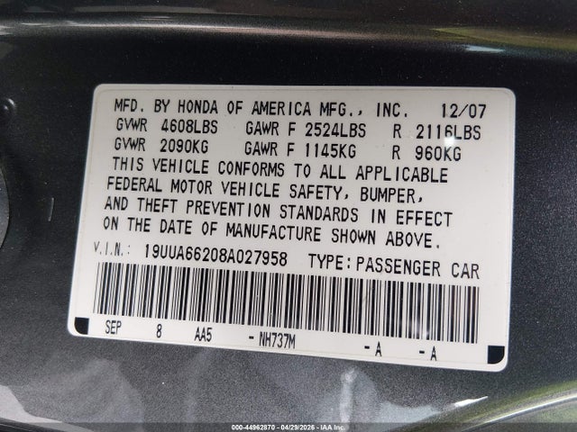 Продажа на аукционе авто 2008 Acura Tl 3.2, vin: 19UUA66208A027958, номер лота: 44962870