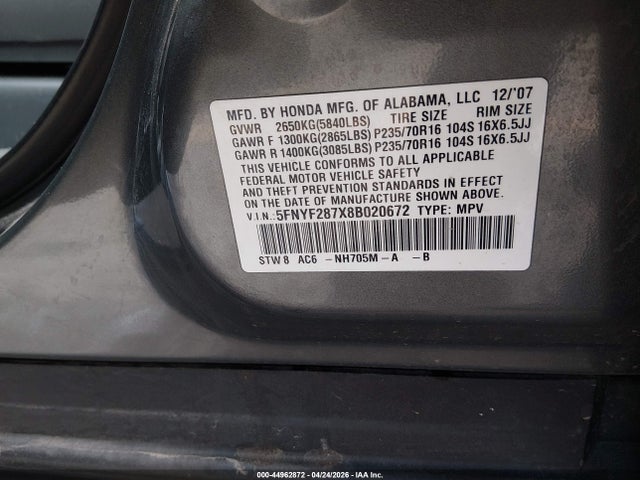 Продажа на аукционе авто 2008 Honda Pilot Ex-l, vin: 5FNYF287X8B020672, номер лота: 44962872