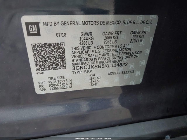 Продажа на аукционе авто 2019 Chevrolet Trax Ls, vin: 3GNCJKSB5KL114822, номер лота: 44962880