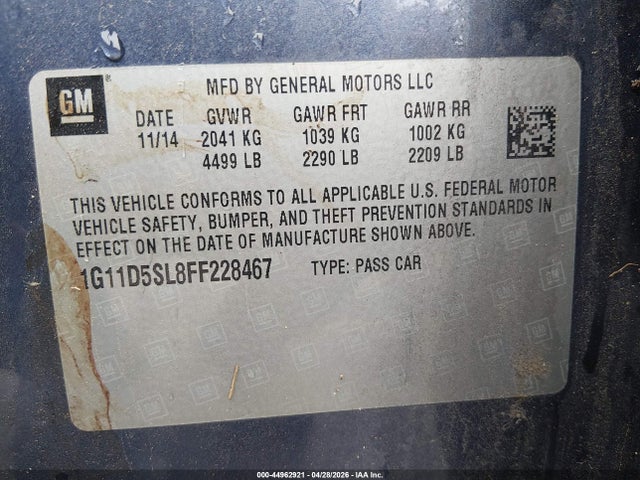 44962921 :رقم المزاد ، 1G11D5SL8FF228467 vin ، 2015 Chevrolet Malibu 2lt مزاد بيع
