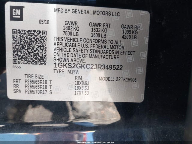 Продаж на аукціоні авто 2018 Gmc Yukon Xl Slt, vin: 1GKS2GKC2JR349522, номер лоту: 44962941