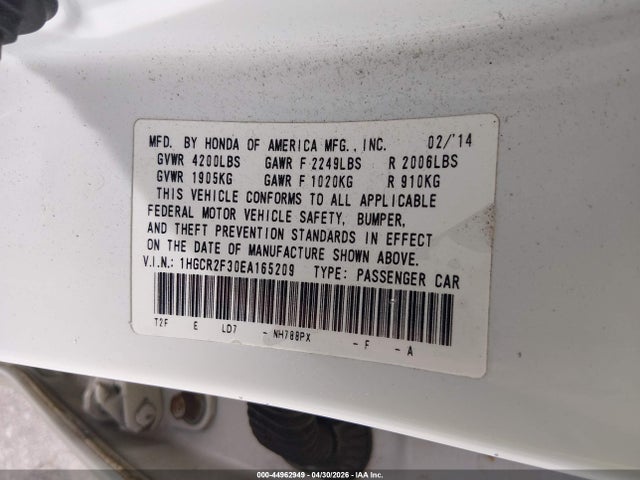 44962949 :رقم المزاد ، 1HGCR2F30EA165209 vin ، 2014 Honda Accord Lx مزاد بيع