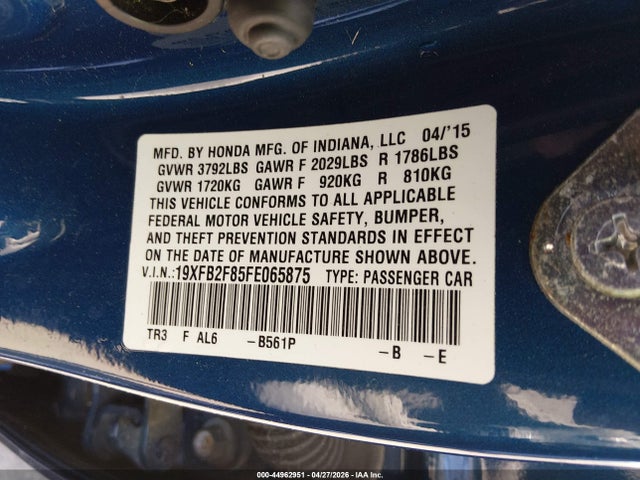 Продажа на аукционе авто 2015 Honda Civic Ex, vin: 19XFB2F85FE065875, номер лота: 44962951