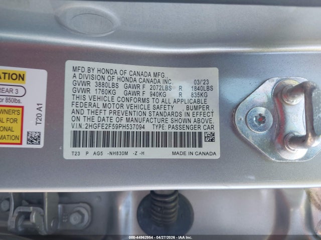 Aukcja sprzedaży 2023 Honda Civic Sport, vin: 2HGFE2F59PH537094, numer aukcji: 44962954