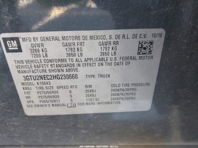 Aukcja sprzedaży 2017 Gmc Sierra 1500 Slt, vin: 3GTU2NEC2HG230660, numer aukcji: 44962986