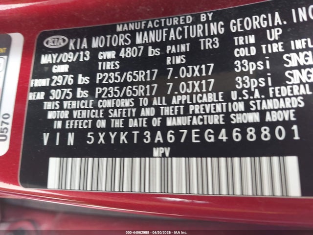 44962988 :رقم المزاد ، 5XYKT3A67EG468801 vin ، 2014 Kia Sorento Lx مزاد بيع