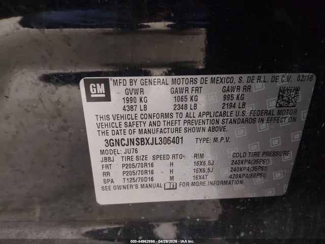 Продажа на аукционе авто 2018 Chevrolet Trax Ls, vin: 3GNCJNSBXJL306401, номер лота: 44962998