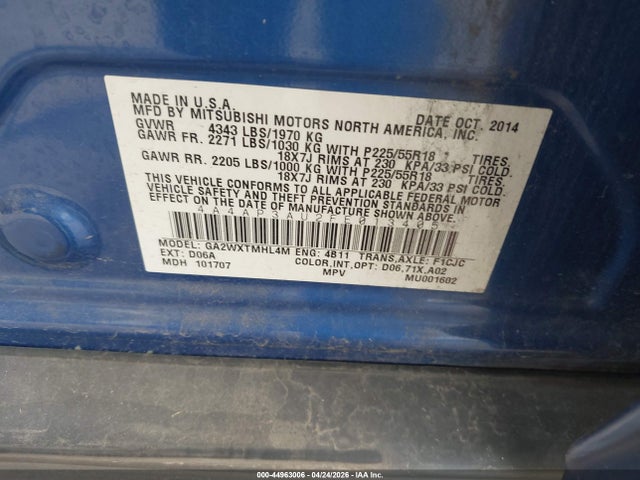 4A4AP3AU2FE013405 Mitsubishi Outlander Sport Es