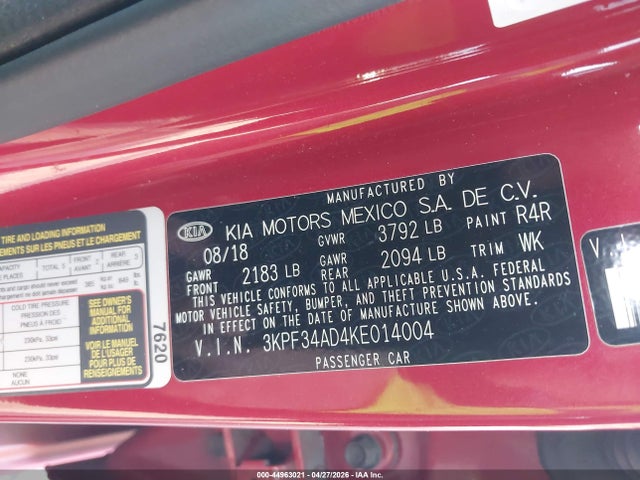 Продажа на аукционе авто 2019 Kia Forte S, vin: 3KPF34AD4KE014004, номер лота: 44963021