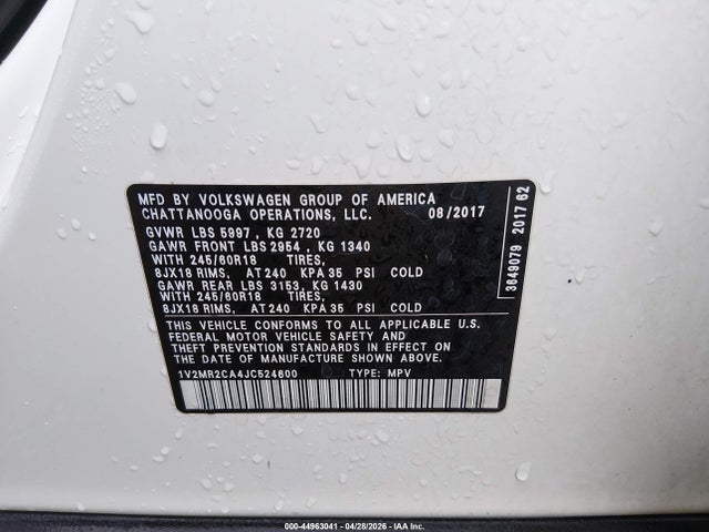 Продаж на аукціоні авто 2018 Volkswagen Atlas 3.6l V6 Sel, vin: 1V2MR2CA4JC524600, номер лоту: 44963041