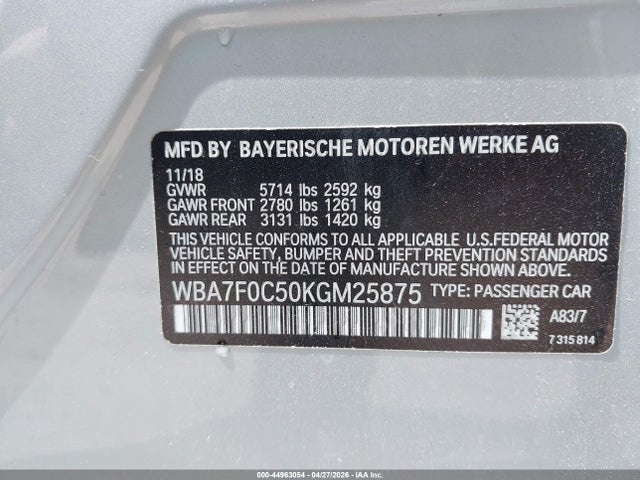 Aukcja sprzedaży 2019 Bmw 750i, vin: WBA7F0C50KGM25875, numer aukcji: 44963054