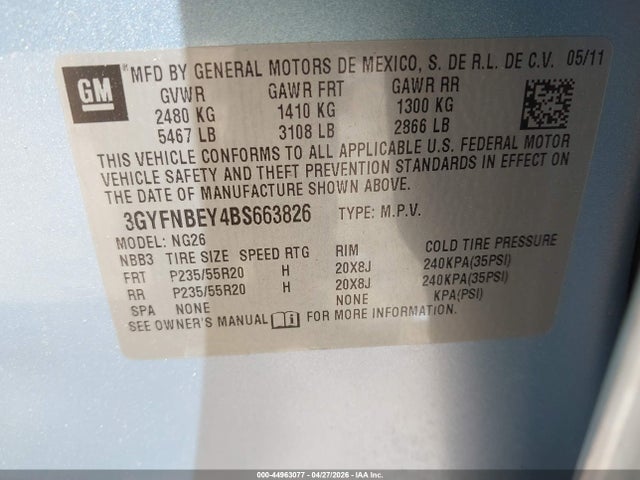 44963077 :رقم المزاد ، 3GYFNBEY4BS663826 vin ، 2011 Cadillac Srx Performance Collection مزاد بيع