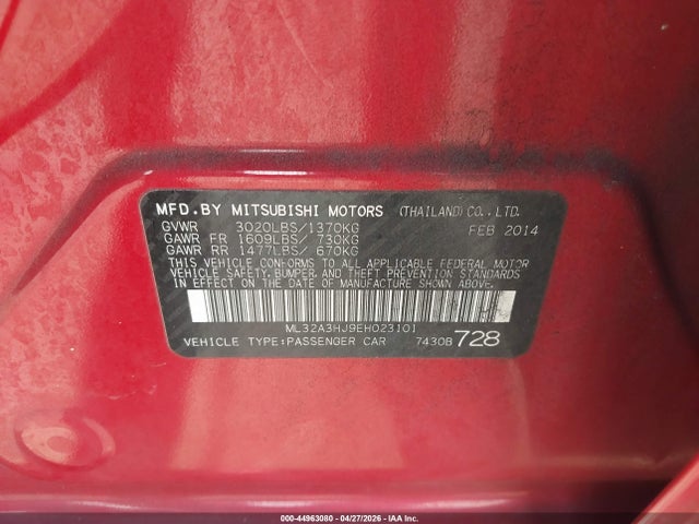 Aukcja sprzedaży 2014 Mitsubishi Mirage De, vin: ML32A3HJ9EH023101, numer aukcji: 44963080