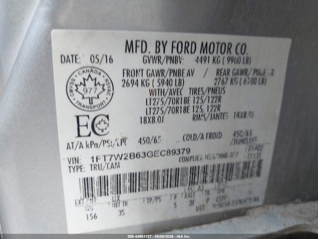 44963127 :رقم المزاد ، 1FT7W2B63GEC89379 vin ، 2016 Ford F-250 Xlt مزاد بيع