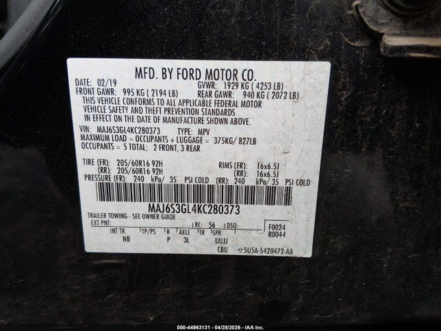 Продаж на аукціоні авто 2019 Ford Ecosport Se, vin: MAJ6S3GL4KC280373, номер лоту: 44963131