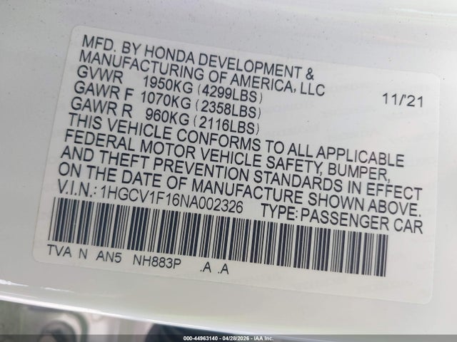 1HGCV1F16NA002326 Honda ACCORD LX