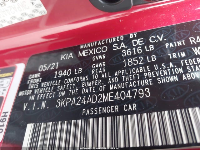 Продаж на аукціоні авто 2021 Kia Rio S, vin: 3KPA24AD2ME404793, номер лоту: 44963172