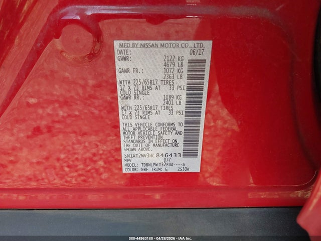 Aukcja sprzedaży 2017 Nissan Rogue S, vin: 5N1AT2MV3HC846433, numer aukcji: 44963180