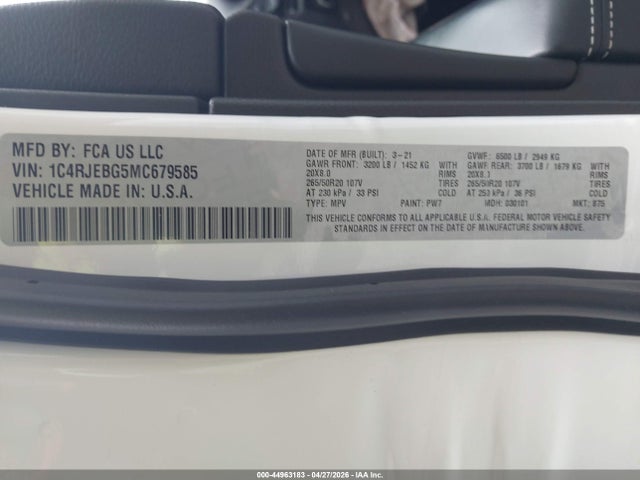 44963183 :رقم المزاد ، 1C4RJEBG5MC679585 vin ، 2021 Jeep Grand Cherokee 80th Anniversary 4x2 مزاد بيع