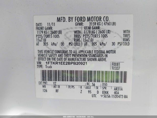 Aukcja sprzedaży 2011 Ford Ranger Xlt, vin: 1FTKR1EE2BPB20921, numer aukcji: 44963188