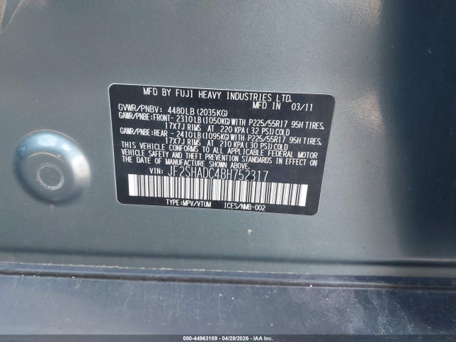 44963189 :رقم المزاد ، JF2SHADC4BH752317 vin ، 2011 Subaru Forester 2.5x Premium مزاد بيع