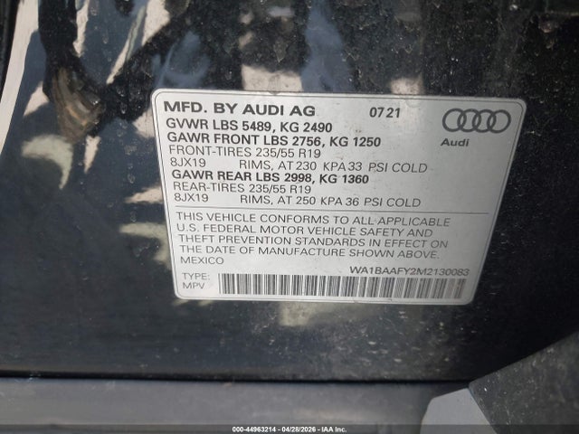 Продаж на аукціоні авто 2021 Audi Q5 Premium Plus 45 Tfsi Quattro S Tronic, vin: WA1BAAFY2M2130083, номер лоту: 44963214