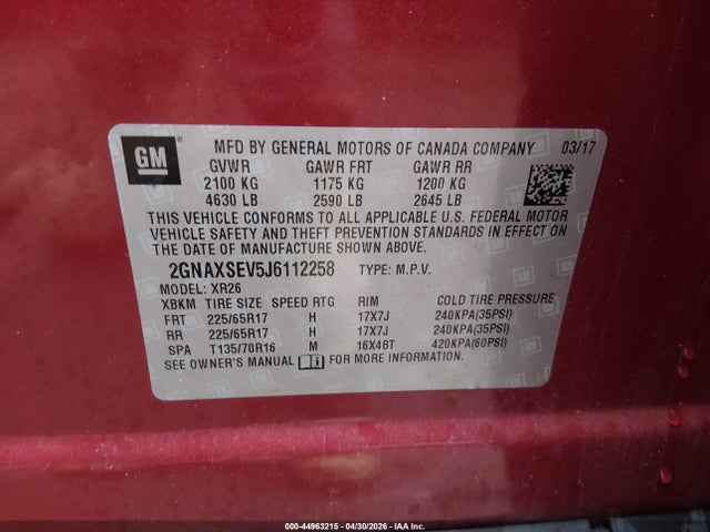 Продаж на аукціоні авто 2018 Chevrolet Equinox Lt, vin: 2GNAXSEV5J6112258, номер лоту: 44963215