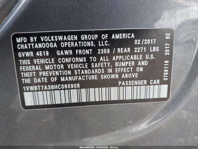 2017 Volkswagen Passat 1.8t Se მანქანა იყიდება აუქციონზე, vin: 1VWBT7A38HC060908, აუქციონის ნომერი: 44963245