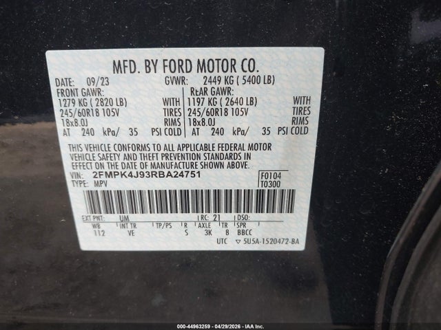 44963259 :رقم المزاد ، 2FMPK4J93RBA24751 vin ، 2024 Ford Edge Sel مزاد بيع