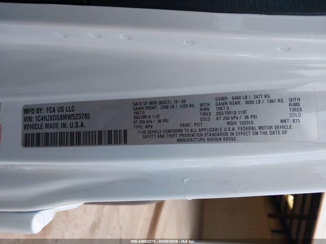 2021 Jeep Wrangler Unlimited Sport Altitude 4x4 მანქანა იყიდება აუქციონზე, vin: 1C4HJXDG8MW523785, აუქციონის ნომერი: 44963273