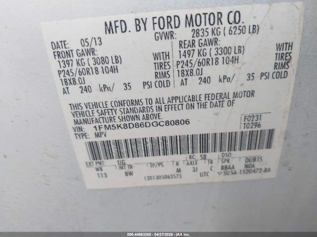 Продажа на аукционе авто 2013 Ford Explorer Xlt, vin: 1FM5K8D86DGC80806, номер лота: 44963288