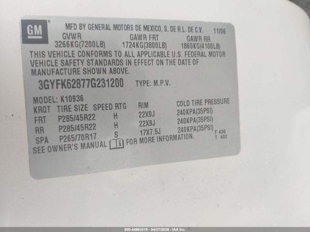44963319 :رقم المزاد ، 3GYFK62877G231200 vin ، 2007 Cadillac Escalade Ext Standard مزاد بيع