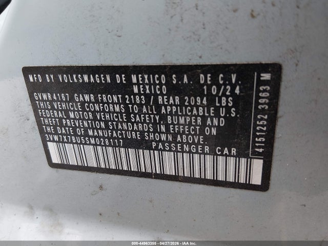44963355 :رقم المزاد ، 3VW7X7BU5SM028117 vin ، 2025 Volkswagen Jetta 1.5t Se مزاد بيع