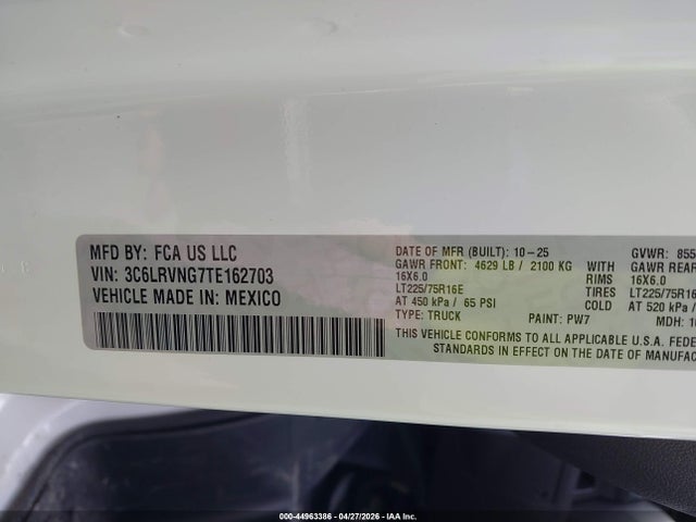 44963386 :رقم المزاد ، 3C6LRVNG7TE162703 vin ، 2026 Ram Promaster 1500 Tradesman Low Roof 118 Wb W/pass Seat مزاد بيع