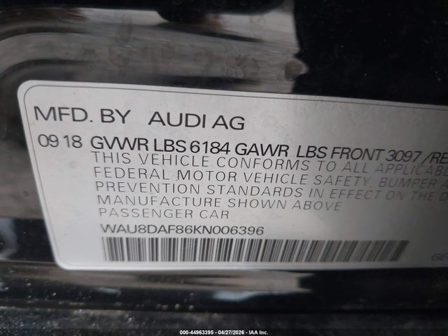Aukcja sprzedaży 2019 Audi A8 L 55, vin: WAU8DAF86KN006396, numer aukcji: 44963395
