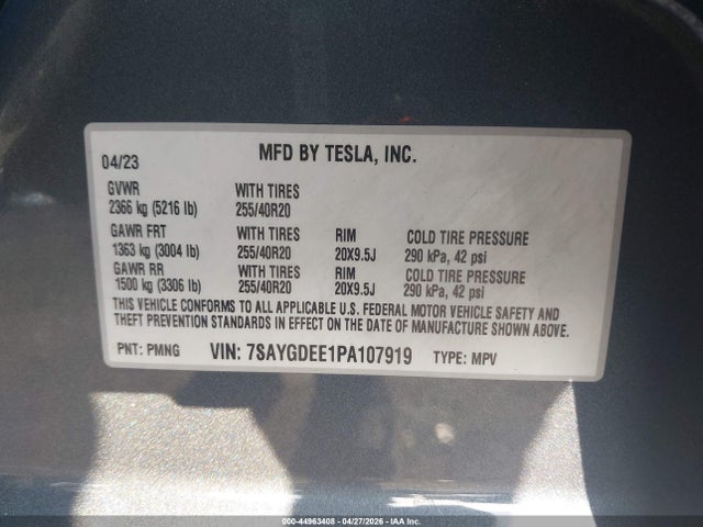 Продаж на аукціоні авто 2023 Tesla Model Y Awd/long Range Dual Motor All-wheel Drive, vin: 7SAYGDEE1PA107919, номер лоту: 44963408